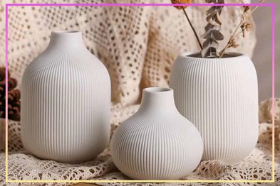 9PR: White Ceramic Vase Set of 3,Small Ribbed Vases for Rustic Home Decor