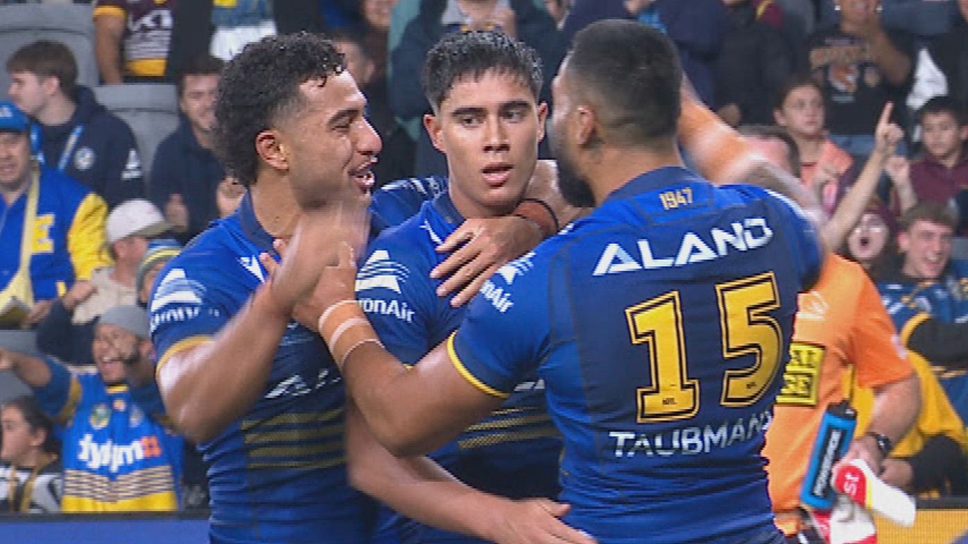 Blaize Talagi scored Parramatta&#x27;s first try of the night against the Broncos.