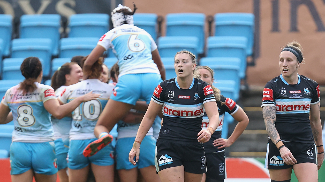 Players react as the Titans celebrate after scoring the game-winning try during the round three NRLW match between Cronulla Sharks and Gold Coast Titans at PointsBet Stadium.