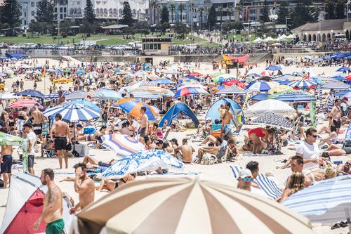 A packed Bondi Beach on Australia Day 2020.