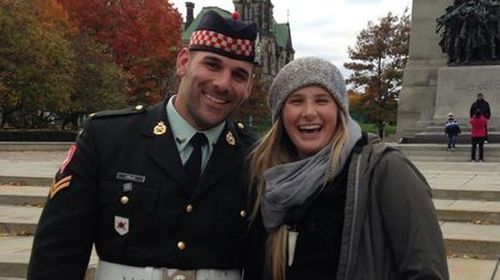 Slain soldier Nathan Cirillo poses for a tourist snap with Megan Underwood on Sunday. (Supplied)