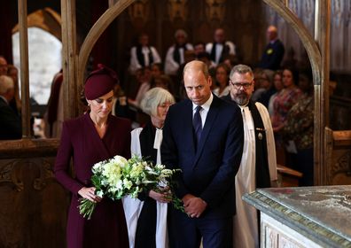 Prince William, Prince of Wales and Catherine, Princess of Wales attend a service at St Davids Cathedral, on the first anniversary of Queen Elizabeth's death, on September 8, 2023 in St Davids, Wales. 