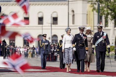 King Frederik and Queen Mary of Denmark are welcomed by Norway's King Harald, Queen Sonja, Crown Prince Haakon and Crown Princess Mette-Marit at Honnørbrygga upon their arrival in Oslo Tuesday, May 14, 2024. 