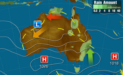 Saturday: A broad low pressure trough which extends from WA to northern NSW looks to trigger showers and storms, heavy in parts. Cold and unstable onshore winds will bring a showers to TAS, eastern VIC and eastern NSW.  (Weatherzone)