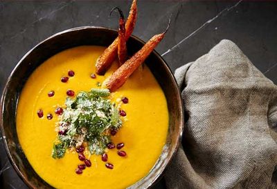 Carrot and coconut soup with roasted baby carrots