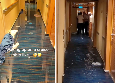 A group of cruise passengers woke to find a 'titanic-like' scene unfolding in their cabin sharing the footage on TikTok.