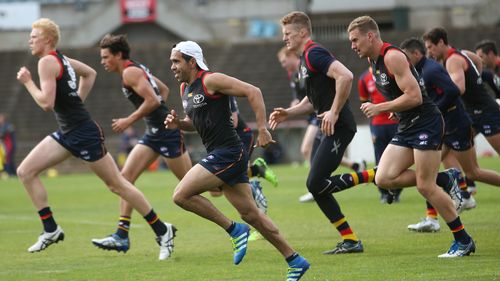 Adelaide Crows players during a training session at Footy Park, West Lakes, Adelaide. (AAP)