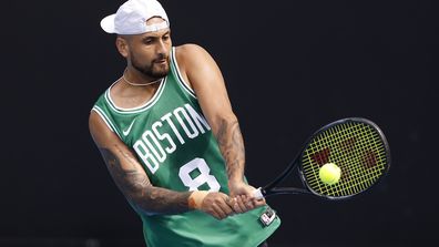 Nick Kyrgios of Australia plays a backhand during a practice session ahead of the 2025 Australian Open at Melbourne Park on January 10, 2025 in Melbourne, Australia. (Photo by Daniel Pockett/Getty Images)