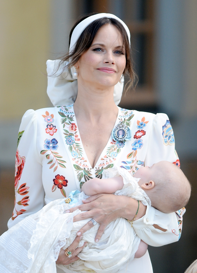 Princess Sofia and Prince Julian attend Prince Julian's baptism outside Drottningholm Castle Chapel on August 14, 2021 in Stockholm, Sweden.