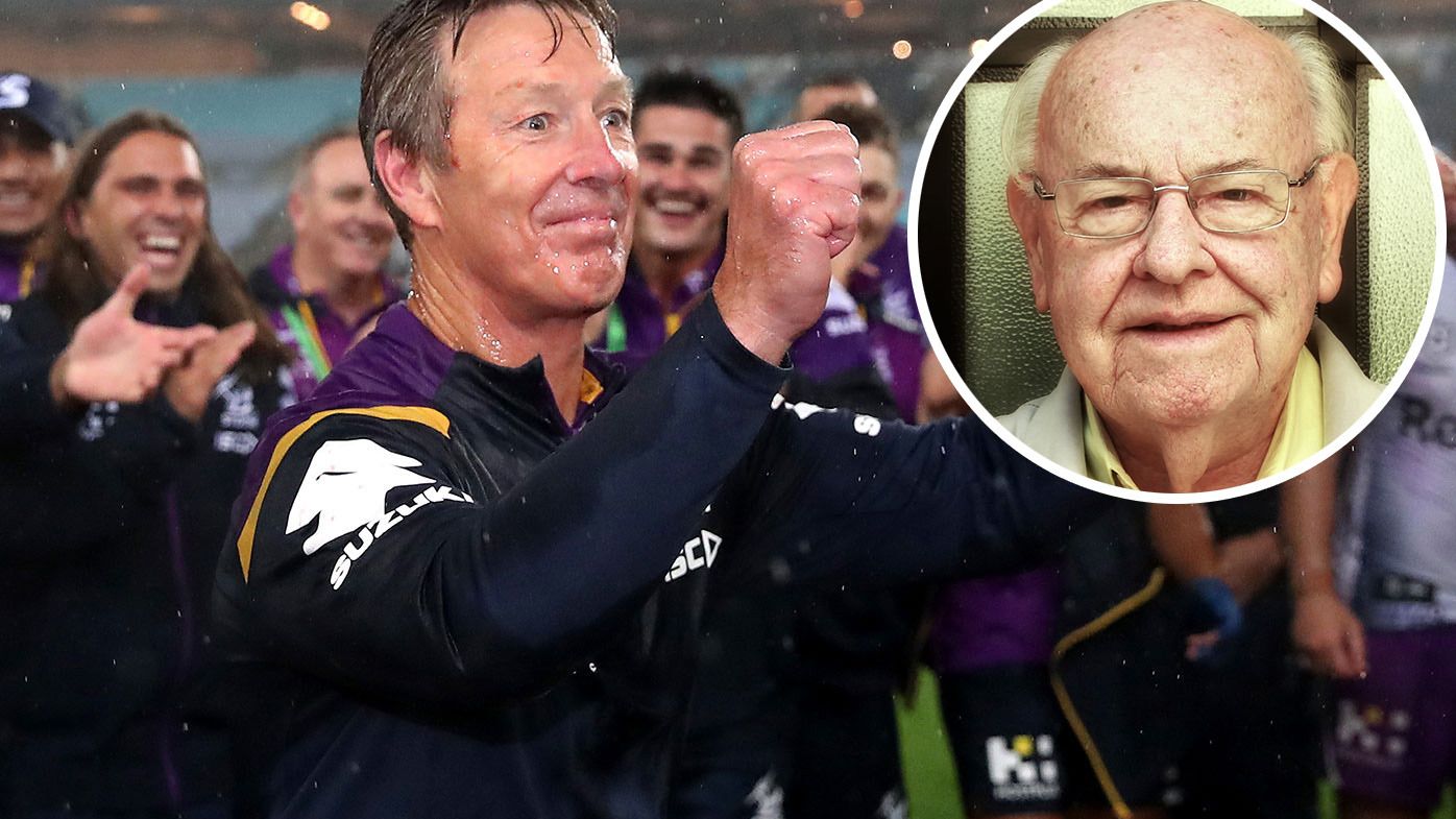 Storm coach Craig Bellamy and late Melbourne priest Father Bob Maguire.