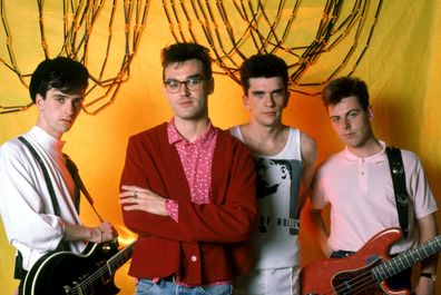 English rock band The Smiths - guitarist Johnny Marr, singer Morrissey, drummer Mike Joyce and bassist Andy Rourke in 1985.