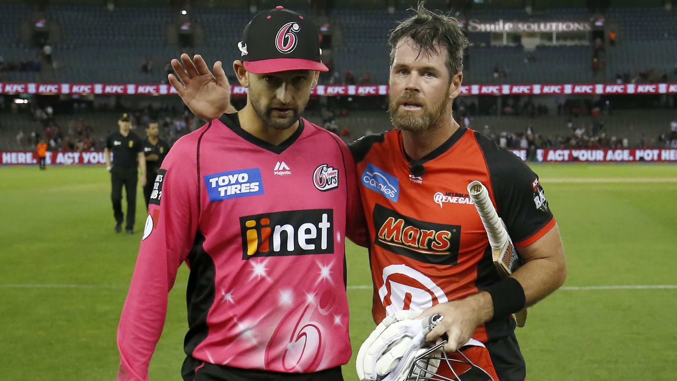 MELBOURNE, AUSTRALIA - FEBRUARY 15: Nathan Lyon of the Sydney Sixers and Dan Christian of the Renegades embrace after  the Big Bash League semi final between the Melbourne Renegades v Sydney Sixers at Marvel Stadium on February 15, 2019 in Melbourne, Australia. (Photo by Darrian Traynor - CA/Cricket Australia via Getty Images/Getty Images)