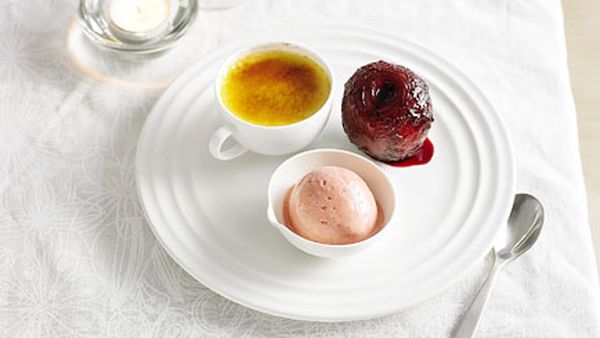 Muscat crème brûlée with poached plums and plum sorbet