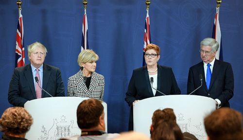 UK Foreign Secretary Boris Johnson, Foreign Minister Julie Bishop, Defence Minister Marise Payne and UK Defence Secretary Michael Fallon in Sydney. (AAP).
