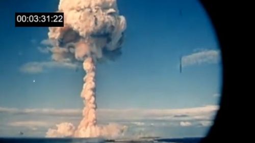 A French nuclear test detonates in the Pacific. (YouTube).
