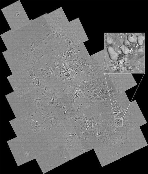 A newly released gridded mosaic of images taken by the REMUS 6000 shows the complete wreck site. (Mosaic by Jeff Kaeli, Woods Hole Oceanographic Institution)