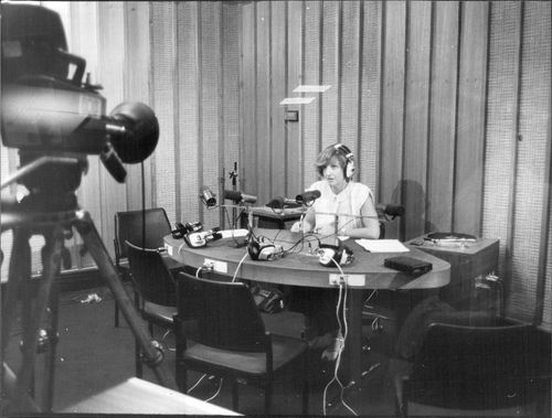 Caroline Jone's last day on City extra at ABX Studios, Williams Street. C. Jones alone in the studio waiting for ABC-TV interview to commence. December 24, 1981. 