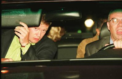 Diana, Princess of Wales and Dodi Fayed (both partially visible in back seat), bodyguard Trevor Rees-Jones (front, left) and driver Henri Paul, in their Mercedes-Benz S280, shortly before the fatal crash which killed Diana, Fayed and Paul, Paris, 31st August 1997. Jacques Langevin's photo was presented as part of the evidence at the Scott Baker Inquest into the crash, in which the jury found that Diana and Dodi had been unlawfully killed because of the reckless driving of Henri Paul and the purs