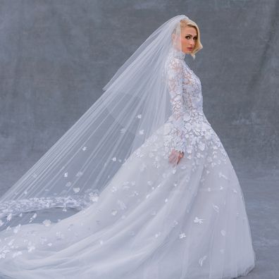 Paris Hilton wore a custom Oscar de la Renta hand-embroidered gown on her wedding day.