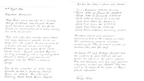 A letter to the Senate from Jennifer Miller, whose says her son Rhys Cauzzo took his own life after being harassed by debt collectors contracted by Centrelink.