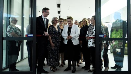 NSW Premier Dominic Perrottet (2nd from left) and Wendy Tuckerman MP (centre white jacket) at the opening of the Goulburn Base Hospitals administrative Services building in Goulburn, NSW. 3rd December, 2021. Photo: Kate Geraghty