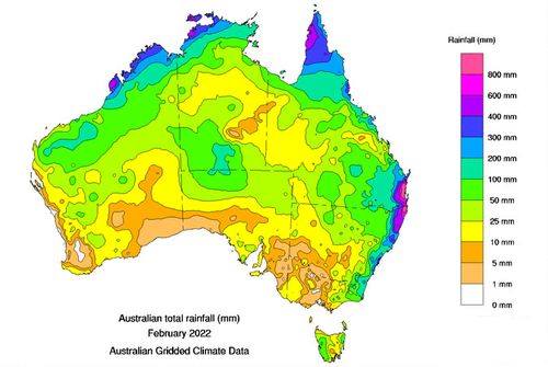 An image showing the total rainfall across Australia in February.