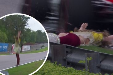 The moment a mannequin fell from above Barber Motorsports Park and was hit by an Indy car.
