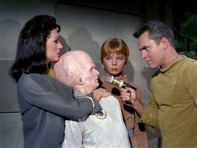 Majel Barrett, Meg Wyllie, Laurel Goodwin and Jeffrey Hunter as star in the original Star Trek pilot from 1965.