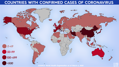 Countries with confirmed cases of coronavirus as of March 5.