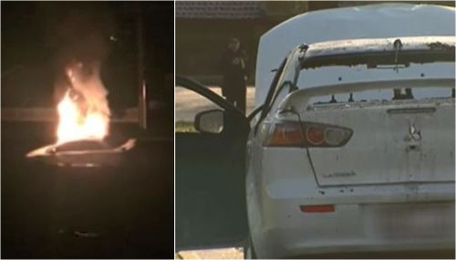 A car was set on fire on Carramar Drive, just five kilometres away, and police are now investigating if it is connected to the shooting. Picture: 9NEWS