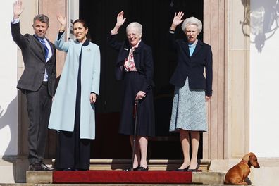 Denmark's King Frederik X, Queen Mary, Queen Margrethe and Princess Benedikte wave from Fredensborg Castle during the celebration of Queen Margrethe's 84th birthday in Fredensborg, Denmark, April 16, 2024.