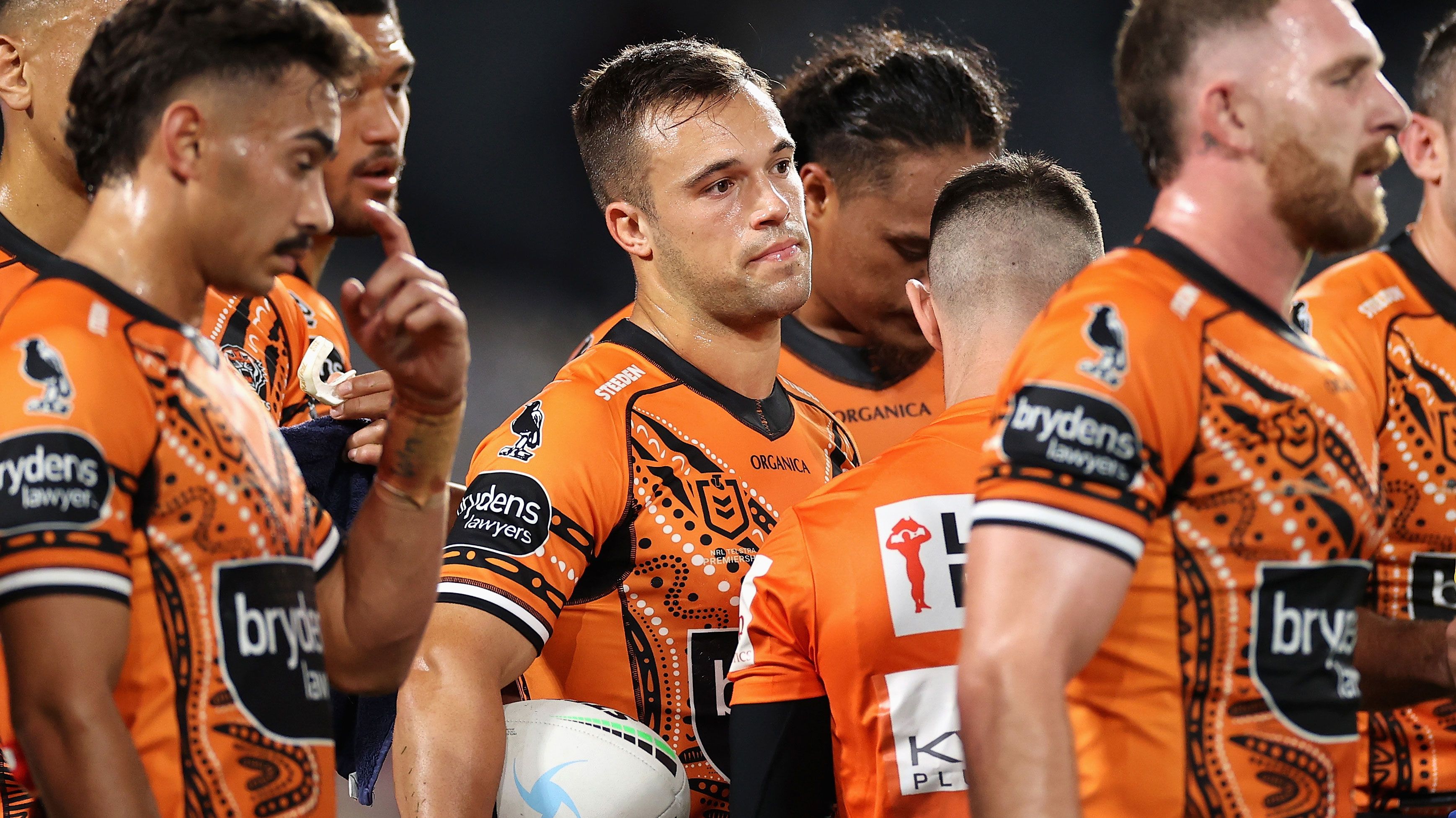 Luke Brooks reacts after the Wests Tigers conceded a try.