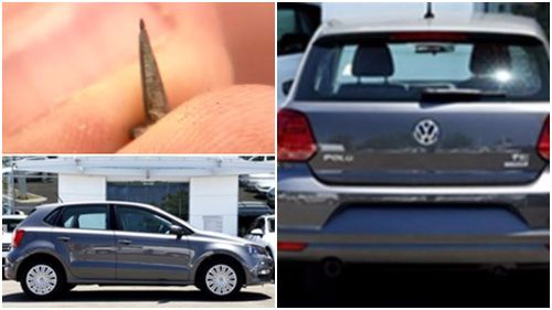 A car similar to the one the suspect was driving at the time - believed to be responsible for dropping tacks (top left) on bike paths. (Vic Police)