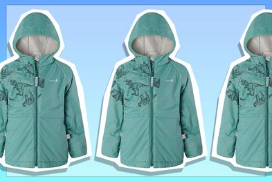 9PR: Teal kids' raincoat with hidden pattern.