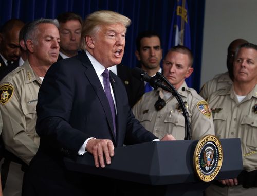 President Donald Trump speaks after meeting with first responders and private citizens that helped during the mass shooting at the Las Vegas Metropolitan Police Department. (AAP)
