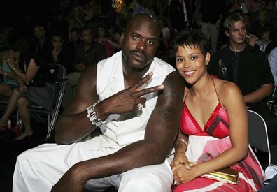 Basketball player Shaquille O'Neal and wife Shaunie O'Neal at the 2004 MTV Video Music Awards at the American Airlines Arena, on August 29, 2004 in Miami, Florida. 