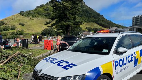 Equipes de emergência e transeuntes examinam a cena depois que um deslizamento de terra atingiu um acampamento em Mt. Maunganui, Nova Zelândia, quinta-feira, 22 de janeiro de 2026. 