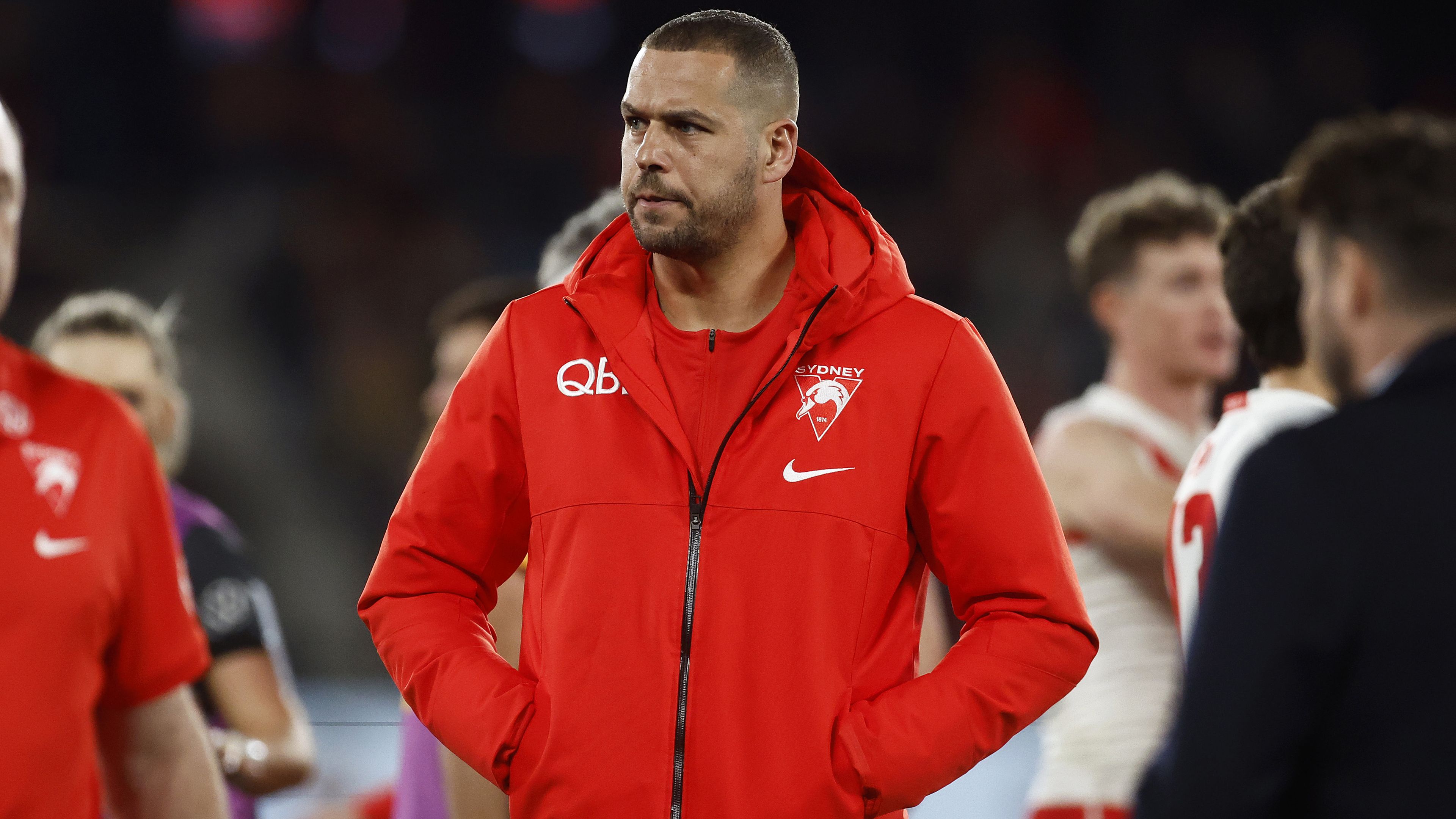 MELBOURNE, AUSTRALIA - JULY 29: Lance Franklin of the Swans looks on at three quarter time during the round 20 AFL match between Essendon Bombers and Sydney Swans at Marvel Stadium, on July 29, 2023, in Melbourne, Australia. (Photo by Daniel Pockett/Getty Images)
