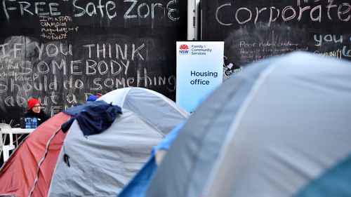 Dozens of tents have been erected in the CBD forecourt since December with the number continuing to grow despite attempts by authorities to move people on. (AAP)