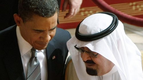 King Abdullah speaks with US president Barack Obama. (AAP)