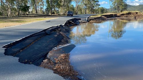 The Brisbane Valley Highway remains closed at Geoff Fisher Bridge after it has been underwater for several days, with high water levels from dam releases receding slower than expected.