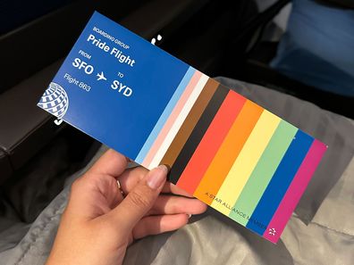 A mock ticket for the Pride Flight from San Francisco to Sydney for World Pride.