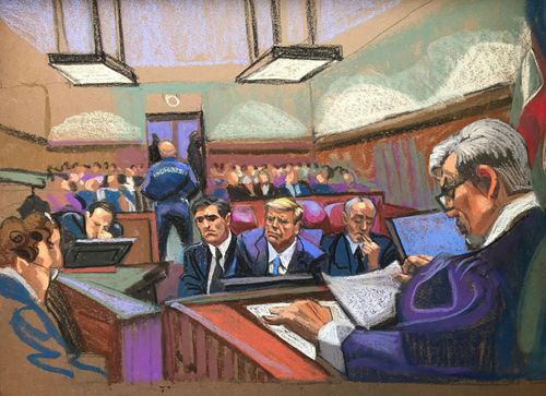 Court sketch of former President Donald Trump flanked by his attorneys — Emil Bove (R) and Todd Blanche (L) — in a Manhattan courtroom during his trial. Judge Juan Merchan (seen in foreground on the right) presides over the criminal trial on April 18, 2024
