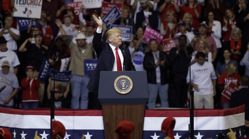 Donald Trump rallies voters for Senator Ted Cruz in Houston, Texas.