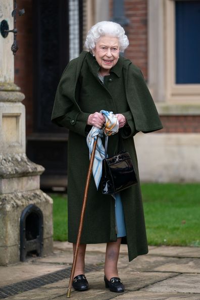 Queen Elizabeth II leaves Sandringham House after a reception with representatives from local community groups to celebrate the start of the Platinum Jubilee, on February 5, 2022 in King's Lynn, England