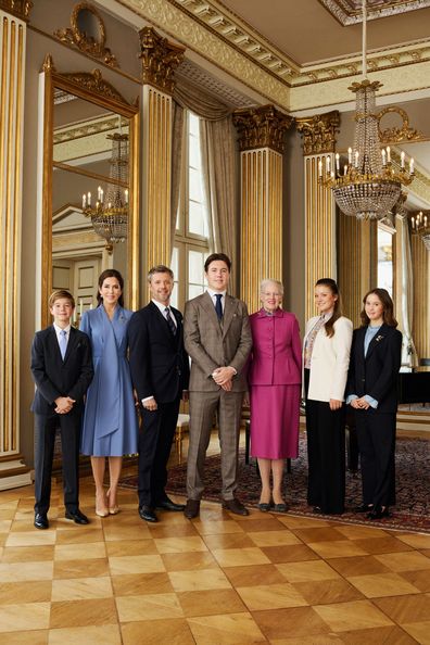 An official portrait released to celebrate Prince Christian of Denmark's 18th birthday with (L-R) Prince Vincent, Crown Princess Mary, Crown Prince Frederik, Queen Margrethe II, Princess Isabella and Princess Josephine, on Sunday October 15 2023, in Copenhagen, Denmark.