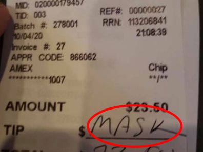 Waitress says customer wrote 'mask' on receipt in lieu of tip after she reminded him of policy