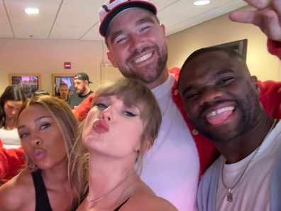 Ayan Broomfield and partner Frances Tiafoe with Taylor Swift and Travis Kelce at a recent NFL game.