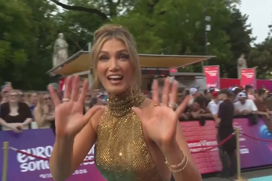 Delta Goodrem representing Australia attends the Turquoise Carpet of the 70th Eurovision Song Contest Opening Ceremony at Rathausplatz on May 10, 2026 in Vienna, Austria. Eurovision 2026
