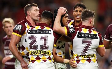 Broncos celebrate try.